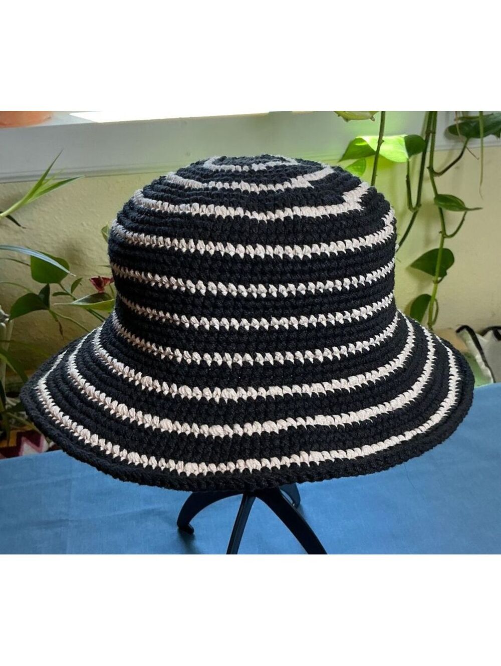Crocheted Cotton Bucket Hat Black and White Striped 90's Sun Hat
